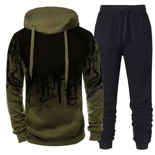 Autumn Winter Men Camouflage Hoodie + Pant 2 Piece Set Sports Wear