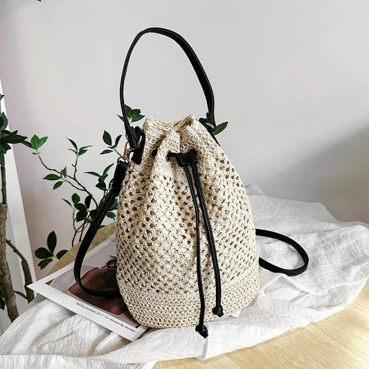 Vibrant Braided Straw Bucket Bag Lightweight
