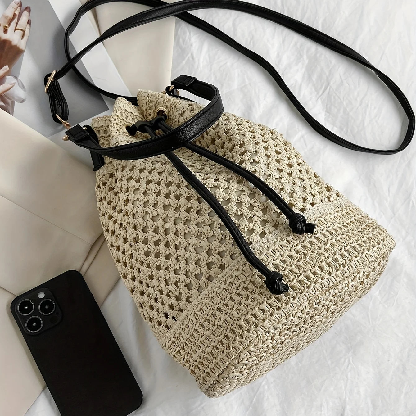 Vibrant Braided Straw Bucket Bag Lightweight