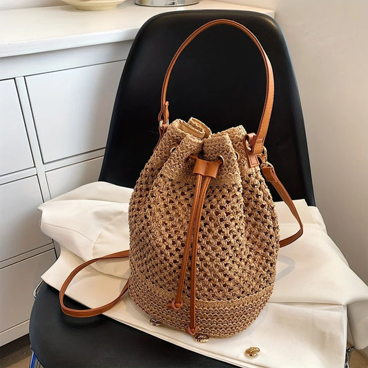 Vibrant Braided Straw Bucket Bag Lightweight